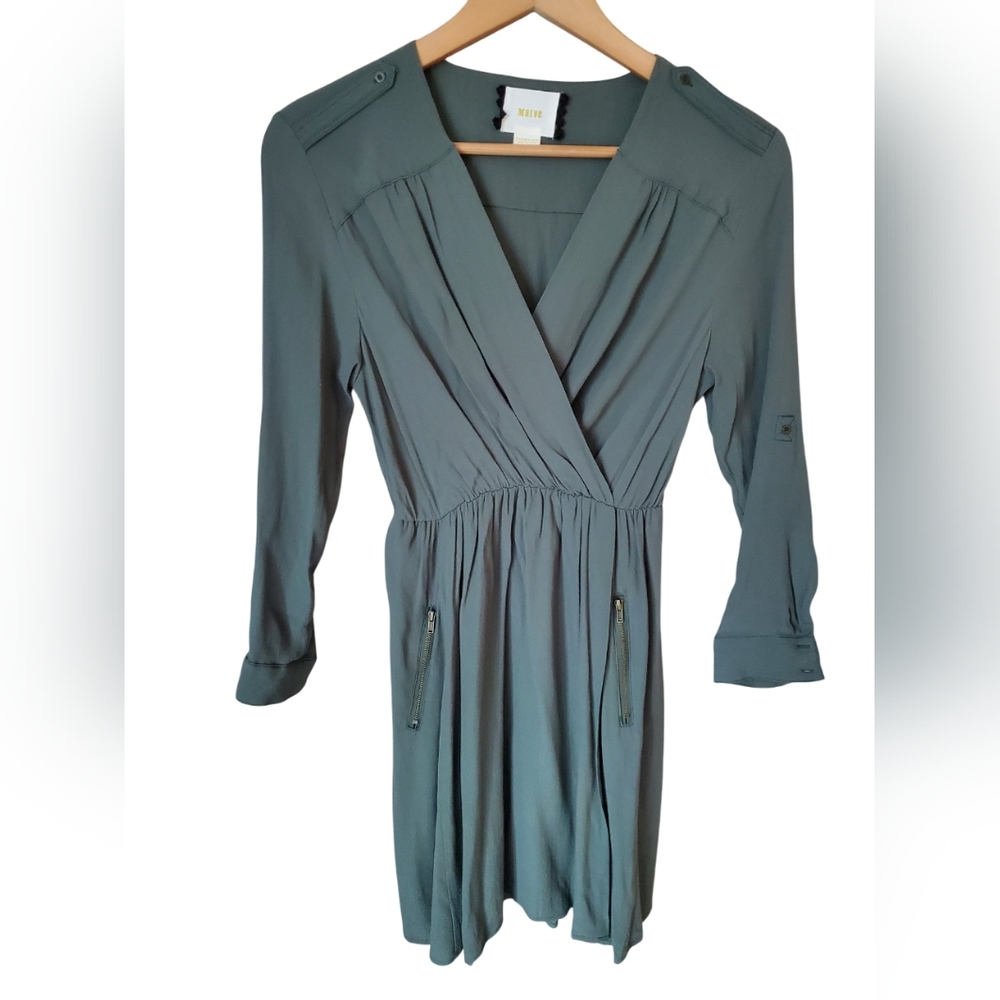 ANTHROPOLOGIE MAEVE Dress XXSmall Petite Lene Wrap  Zip Pocket Moss Green Crepe